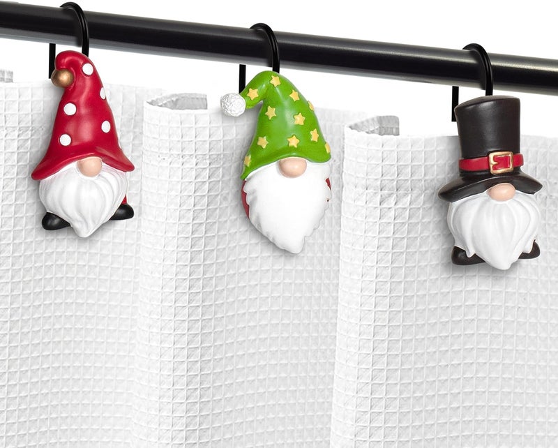 Sunlit Christmas Shower Curtain Hooks, Gnome Shower Curtain Rings with Black Hooks, Hand Painted Resin Christmas Decor, Winter Bathroom Decoration, Black Green Red with Polka, Set of 12 - Image 4